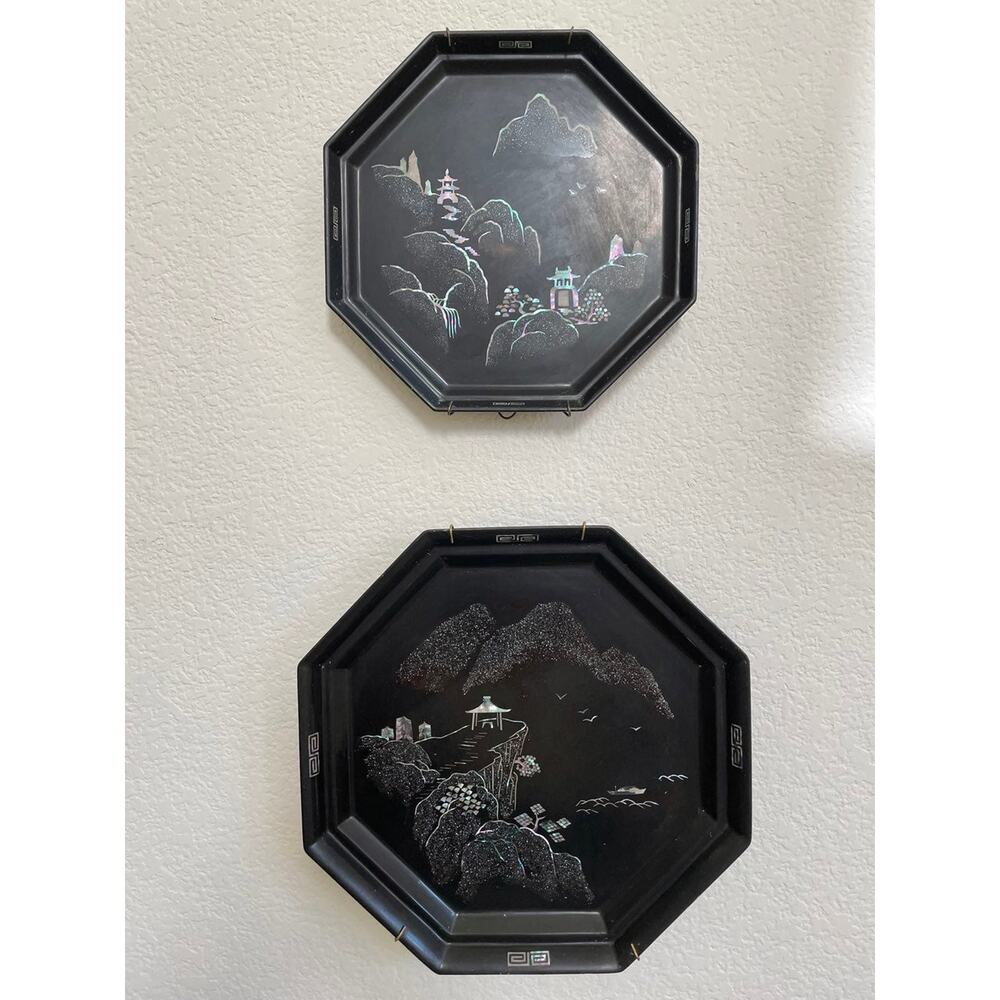Maruni Lacquerware Mother of Pearl Inlay Occupied Japan Metal Plates Set